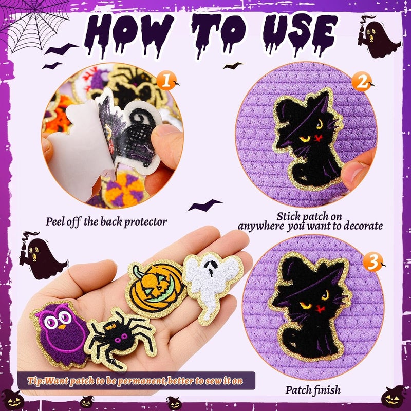 FOGWOWO 50 Pcs Halloween Patches Chenille Patches Self Adhesive Embroidered Autumn Halloween Pumpkin Ghost Skeleton Witch Hat Spider Gravestone Zombie Stick on Patch Stickers for Backpacks Hats Bags Jackets - Image 3